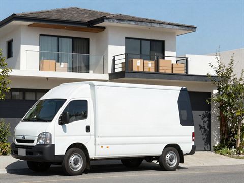Furgón blanco frente a una casa con cajas de mudanza